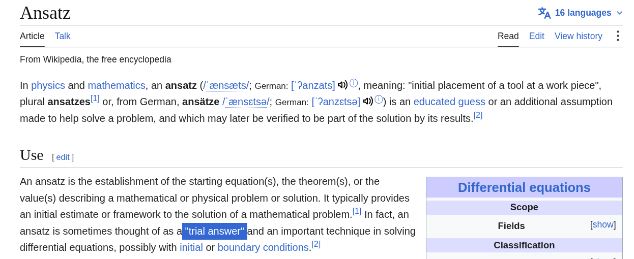 wikipedia definition for Ansatz